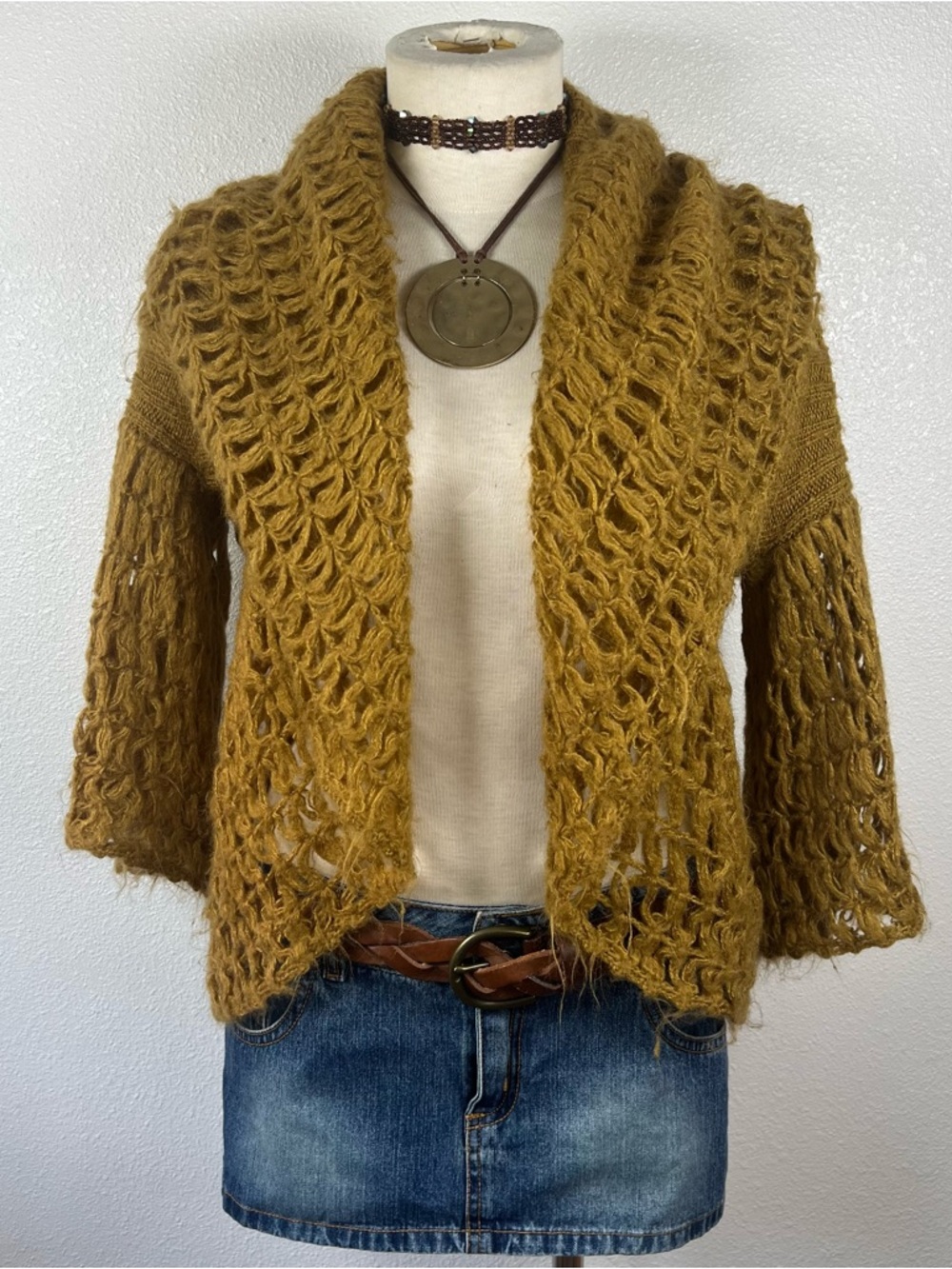 Mustard Open-Knit Shawl Collar Women’s Sweater